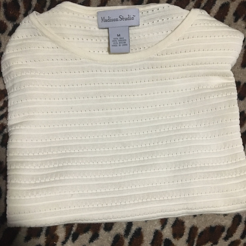 Madison Studio Silk Blend Shirt Top Beige Tan Ivory Cream Short Sleeve Medium